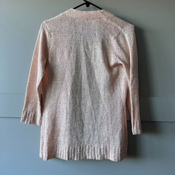 NY Collection Cardigan Women XS Open Weave Pink Sequins 3/4 Sleeve Barbie Core - Picture 6 of 13